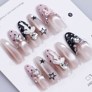 <span class=keywords><strong>Uñas</strong></span> Postizas de Lujo Hechas a Mano en 3D, Color Rosa y Negro, Diseño de Ojo de Gato, Forma Almendrada Larga, con Lindos Puntos y Corazones, Adornadas con Pedrería - Product Image 6