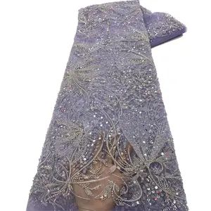 Tela de encaje bordado con cuentas, tejido de guipur africano hecho a mano - Product Image 1