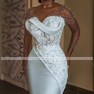 Vestidos de Novia de Satén Estilo Sirena para Mujer, Cuello Redondo, Manga Larga, Encaje, Cuentas, Pliegues, Vestidos de Novia Civiles Personalizados - Product Image 3