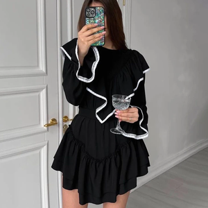 Nhà Máy Bán Hàng Trực Tiếp Đơn Giản Và Dễ Thương Phong Cách Dài Tay Cao Eo Lỏng Lẻo Lloe Tay Áo Mini Pleated Dress - Product Image 4