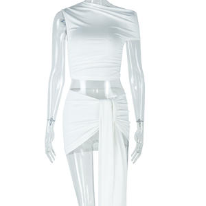 Viviblook Z0114ST04 Sexy <b>Women</b> Casual Sleeveless Round Neck Crop Top Lace Up Solid Color Mini <b>Skirt</b> Casual Two Piece Set - Product Image 5