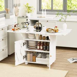 Modern White Marble <b>Folding</b> <b>Dining</b> <b>Table</b> with Storage Cabinet, Wood Legs, 6-Wheel Design, Assembled Entryway Furniture for Home - Product Image 3