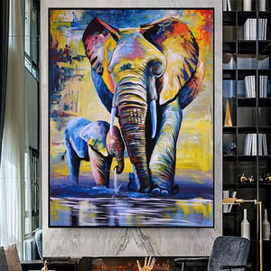 Peinture à l'huile murale 100% peinte à la main, grand <span class=keywords><strong>et</strong></span> petit éléphant jouant dans l'eau, décoration colorée, 2 éléphants - Product Image 3