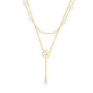 Fashon Mujeres Collar en capas Acero inoxidable Doble capa Perlas largas Cuelga Collar de diseño de flores - Product Image 1