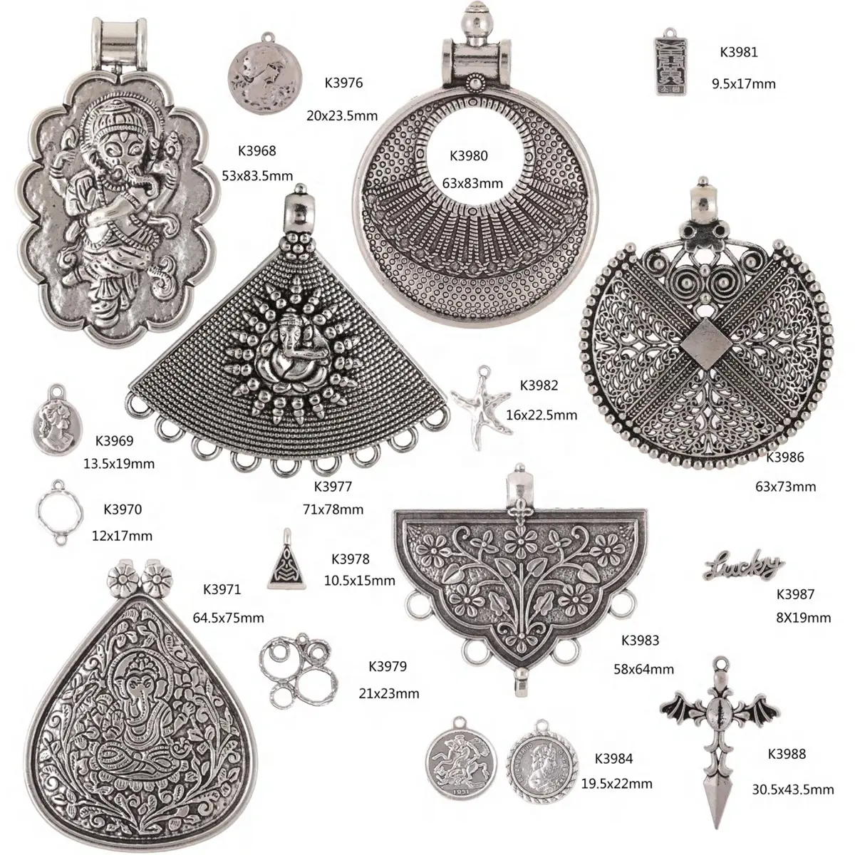Wholesale Mix Styles Tibetan Silver Star Moon Sun Pendant Charms Diy big Alloy Jewelry making Accessories K3350-K4078