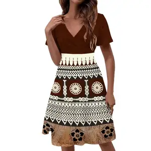 Women's Summer Short Sleeve A-line V Neck Polynesian Tribal Fiji Floral Casual Faux Wrap Party Midi Swing Dress with Pockets