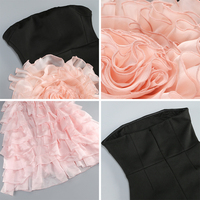 Robe de soirée élégante noire et rose à fleurs 3D, en mousseline de soie, à volants étagés, coupe trapèze, taille naturelle, longueur ras du sol, sans bretelles, pour invitée de mariage ou bal de promo
