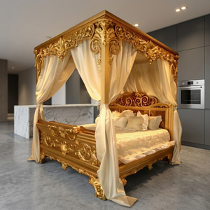 Luxury <b>Victorian</b> King Size Canopy <b>Bed</b> with Teakwood <b>Frame</b> Antique Gold Finish Fabric Drapes-Home Furniture 5 Year Warranty - Product Image 3
