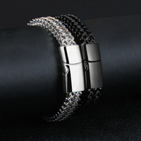 Bracelet Double Chaîne Franco et Chaîne Épi Argent Noir Tendance, Fermoir Magnétique Carré, Bracelet Montre