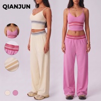 Ensemble de yoga 2 pièces pour femme, haut court à col en V, pantalon large à taille rayée, tenue de sport décontractée et respirante pour la gym
