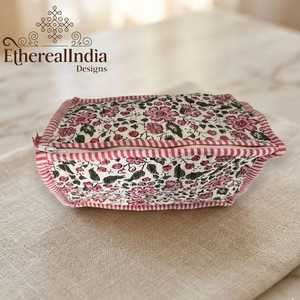 Block Print Floral Quilted Cosmetic <b>Bag</b> Cotton Makeup Organizer Travel <b>Toiletry</b> Zipper Pouch - Product Image 1
