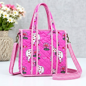Stylish Cotton <b>Quilted</b> <b>Handbag</b> with Detachable Sling - Product Image 1