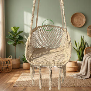 Silla colgante de macramé hecha de algodón natural para uso en interiores y exteriores, capacidad de peso de 150 kg, hecha en India. - Product Image 2