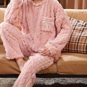 Winter <strong>Pyjamas</strong> Custom 100% Polyester Coral <strong>Fleece</strong> <strong>Women</strong> Two Piece Set Long Sleeve Pullover and Pants <strong>Pyjama</strong> - Product Image 2