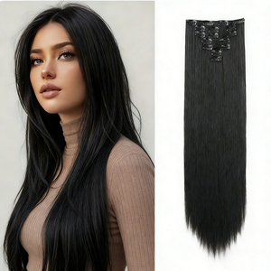 Extensions de cheveux synthétiques lisses et longues à clips, 7 pièces, en fibres résistantes à la chaleur, épaisses, avec clips - Product Image 1
