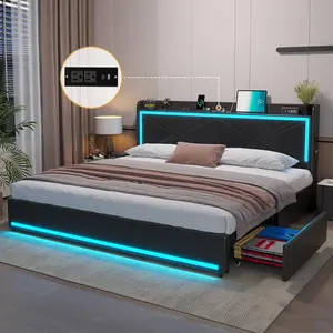 Led Lights King Size Modern Bed With Drawers Wooden Bed