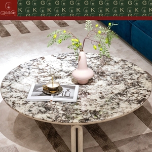 Mesa de Centro GOLDKING de Lujo para Área de Descanso, Mármol Blanco Crema con Vetas de Carbón y Parches Marrones, Base de Cuero en Forma de U, Borde Pulido CNC - Product Image 2