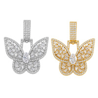 Pendentif Papillon en Alliage Plaqué Argent avec Strass Baguette Effet Glacé, Collier Hip Hop Chaîne Corde, En Stock, Vente en Gros