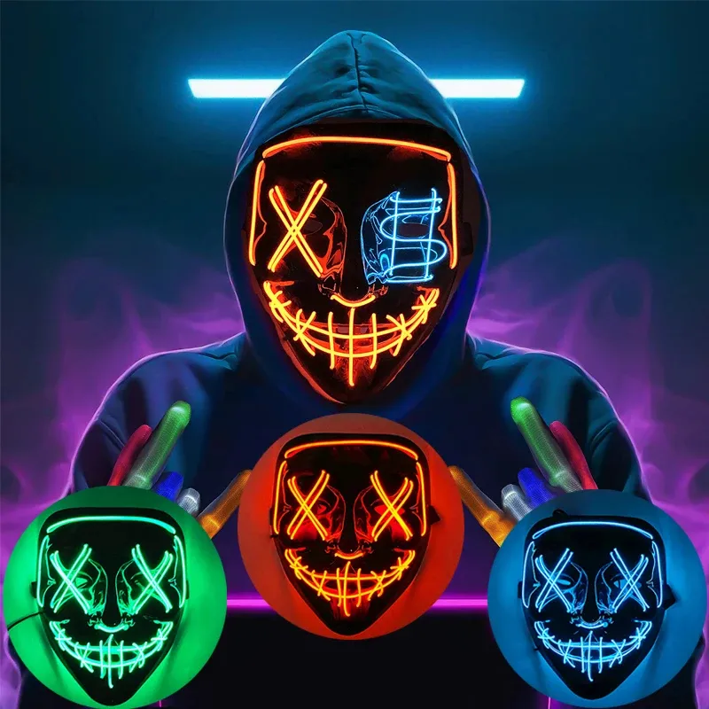 LED lampu Neon topeng wajah penuh bercahaya topeng horor seram dekorasi untuk pesta karnaval Halloween kostum Cosplay Masquerade