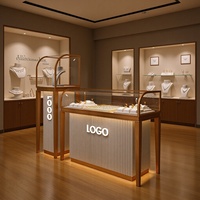 Vitrine à bijoux incurvée avec éclairage LED, couleur personnalisable, en verre et acier inoxydable, design or et jade, pour la présentation de bijoux, montres et cosmétiques
