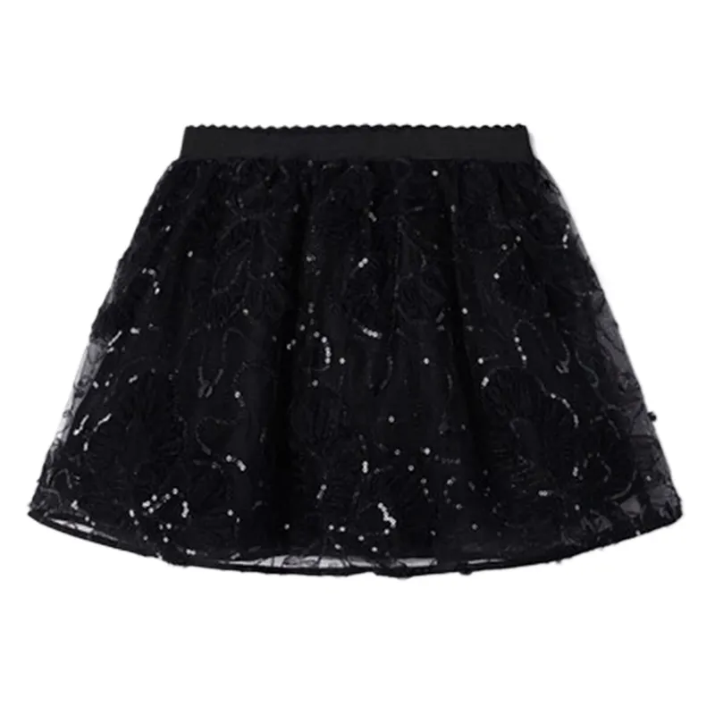 Haute qualité plissé gaze danse courte a-ligne balançoire ourlet jupe filles Mini noir Floral Sequin Tulle Applique jupe