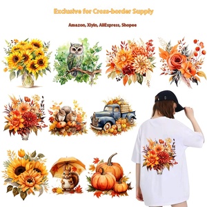 Usine En Gros Exclusif <span class=keywords><strong>Aquarelle</strong></span> <span class=keywords><strong>Automne</strong></span> <span class=keywords><strong>Feuilles</strong></span> Citrouille PET Papier Autocollants De Transfert De Chaleur Haut pour Modèles De Vêtements - Product Image 1