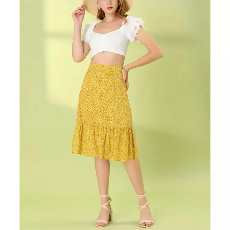 2022 Wholesale French Casual Skirts Women Summer Floral A-line Skirt Cotton Chiffon Pleated Beach Bohemian Skirts