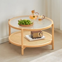 Table basse de thé en bambou de rotin de meubles de maison de salon de dessus en verre rond minimaliste nordique