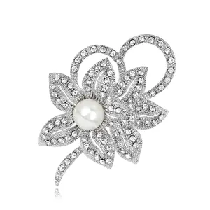 New Arrival Gold Silver Plated Flower Brooch With Pearl