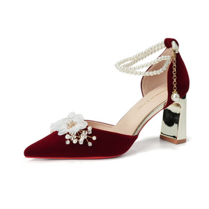 7500H-003 <b>Red</b> Velvet Heeled Sandals Pointed Toe Mid <b>Heel</b> Flower Decorated Bridal Wedding Shoes Comfortable Women Back Strap - Product Image 5