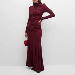 שמלת קיץ חדשה מזדמנים של שמלה מזדמנים של נשים שרוול אדום ארוך שרוולים אלגנטי מתיחה tleneck שמלת ערב