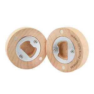 Günstige personal isierte runde 2,56 Zoll benutzer definierte Logo Holz flaschen öffner mit Magnet