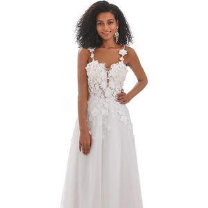 White A-Line Chiffon Wedding Dress V-Neck Floral Print Straps Natural Waistline - Product Image 2