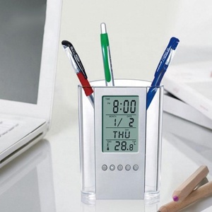 KH-CL054 LCD Plastic Office Stationary Digital Calendar Day Desk Clock With Pen Holder