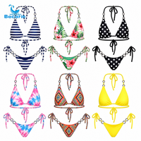 Fabrikant Op Maat Nieuwe Dames Halter Verstelbare Rode Retro Metalen Ring Bikini Set Ecologisch Verantwoord Hoge Kwaliteit Zwemkleding Strand OEM
