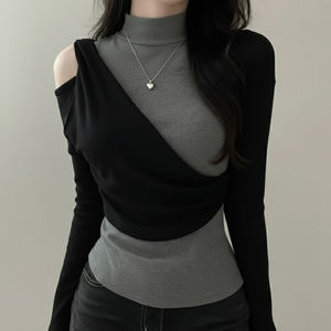 Women Casual Layered Knit <b>Top</b> Contrast Color High Neck <b>Long</b> <b>Sleeve</b> Slim Fit Shoulder Cutout Knit <b>Top</b> - Product Image 3