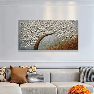 Modern Handmade Off White Background White Flower Painting Abstract Art on Canvas