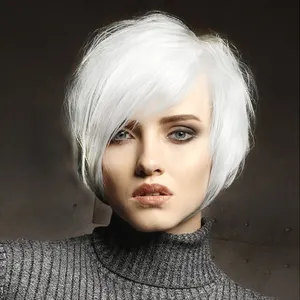 Wig Warehouse In Guangzhou Synthetic Hair Short Bob Grey Excellent Quality Wig With 37 Cent Fringe