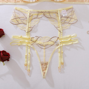 Winter New Arrivals Light Yellow Sheer Contrast-Striped Embroidered Underwire Shaping Bra Lingerie With Separate Three-Piece Set - Product Image 5