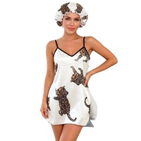 Chemise de nuit en satin imprimé léopard P671 pour femme, robe nuisette à fines bretelles avec bonnet de nuit, col en V, vêtements de nuit