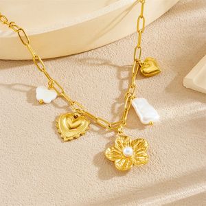 Gold Plated Chain Necklace With Flower And Heart Charms Imitation Pearl Pendant Women's Clavicle Chain Party Jewelry - Product Image 2
