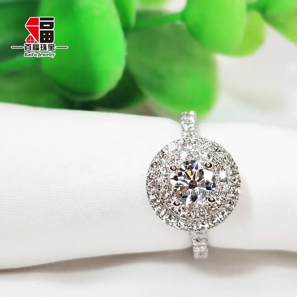 Baifu Cincin Berlian Asli, Perhiasan Pertunangan Ganda Halo Lulus Uji Berlian 18K Emas