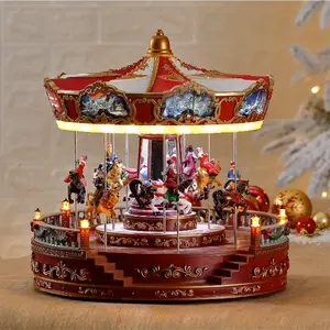 Caja de música roja para decoración navideña, carrusel de Navidad con luz Led animada
