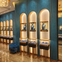 Vitrine murale et sur pied à deux niveaux pour bijoux, cadre or champagne, éclairage LED, pour magasin de diamants