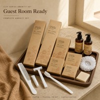 Kit d'articles de toilette portables écologiques en papier kraft pour hôtel : Kit dentaire, crème à raser, savon, gel douche rétro, jetable, personnalisable avec logo OEM