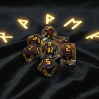 Set Dadu DND 7 Buah Berbentuk Polihedral Merah dari Resin Buatan Khusus Musenluo dengan Desain Mata Panjang dan Angka Emas Terukir untuk Permainan Meja.