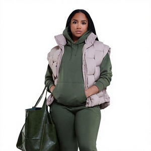 Conjunto de Sudadera con Capucha para Mujer, Verde, Tejido, Manga Larga, Color Sólido, para Otoño, con Chaleco Acolchado y Bolso Tote - Product Image 1
