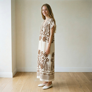Vestido Casual Personalizado Hecho en China, Estilo Europeo Americano, Holgado, <span class=keywords><strong>Talla</strong></span> Grande, Cuello en V, Manga Corta, Diseño Estampado para Mujer - Product Image 4