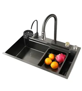 Smart in acciaio inox nero cascata piatto di stoccaggio stendino Mixer rubinetto PVD Nano lavello da cucina con rondella tazza per la vendita