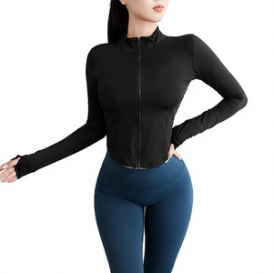 Women's Black Full Sleeve <b>Mock</b> <b>Neck</b> Crop Zipper Front Spandex Polyester Yoga Wear Skinny Fit Sportswear - Product Image 1